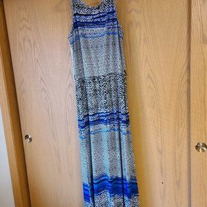 Blue, White, Black Aztec Print Maxi Dress with Leg-Slits